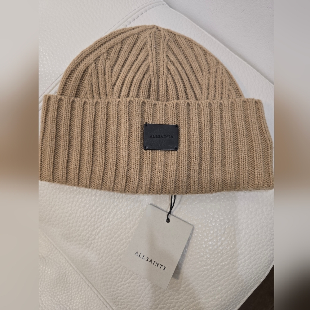 AllSaints Tan Brown Travelling Ribbed Beanie Wool Cuff Hat Knit One Size